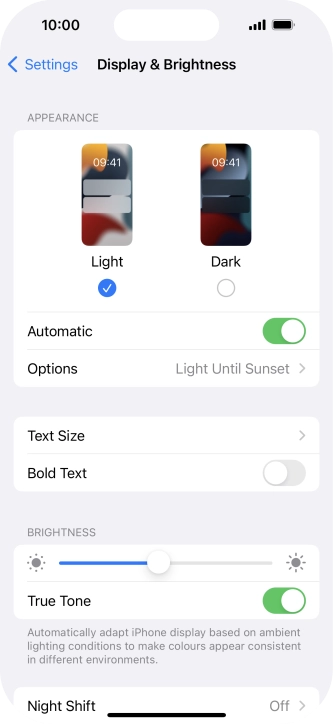 If you turn on the function, press Options and follow the instructions on the screen to select the required period of time for Dark Mode.