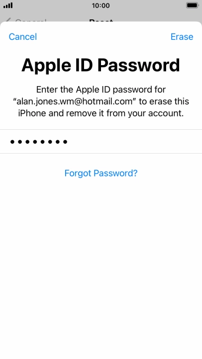 Key in the password for your Apple ID and press Erase. Wait a moment while the factory default settings are restored. Follow the instructions on the screen to set up your phone and prepare it for use.