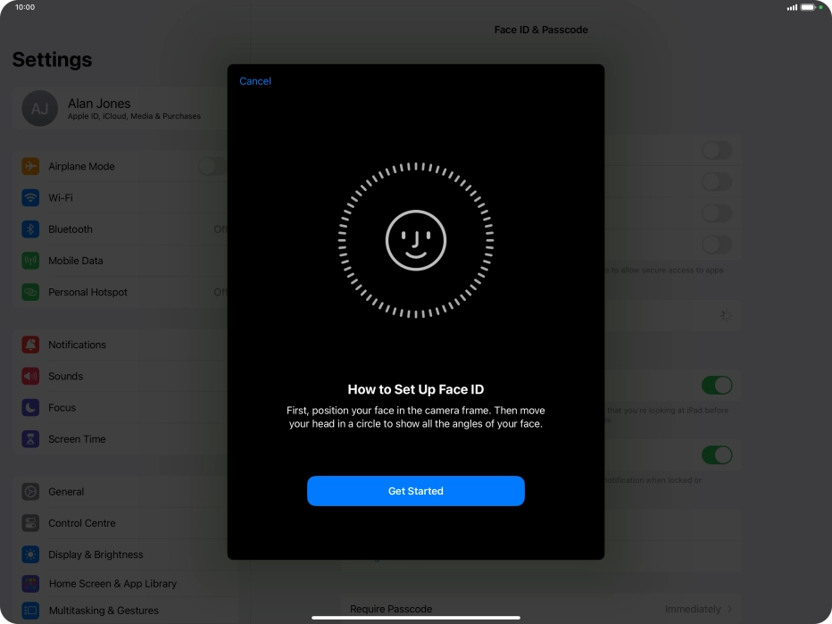 Press Get Started and follow the instructions on the screen to set up Face ID.