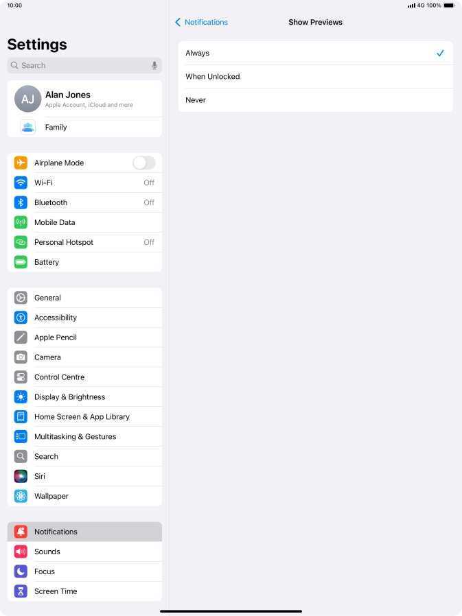 To select notification preview on the lock screen, press Always.