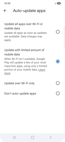 To turn on automatic update of apps using mobile network, press Update all apps over Wi-Fi or mobile data.
