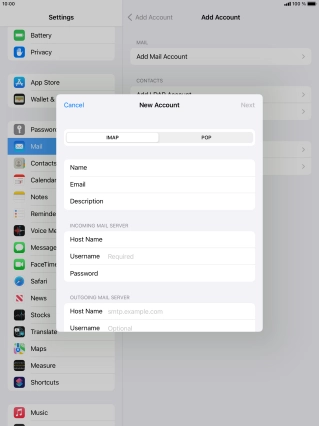 Press Username and key in the username for your email account.