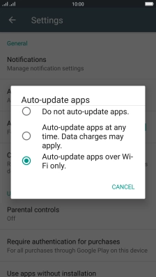 To turn on automatic update of apps using Wi-Fi, press Auto-update apps over Wi-Fi only..