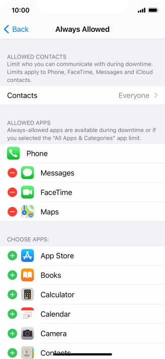 Press the add icon next to the required app to add it to the list of allowed apps during Downtime.