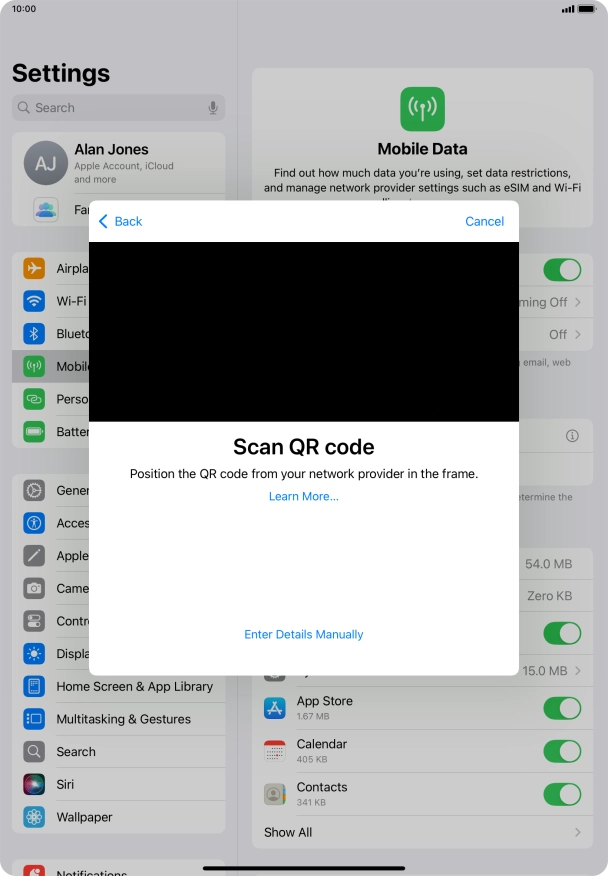 Place the QR code you've received inside the tablet camera frame to scan the code.