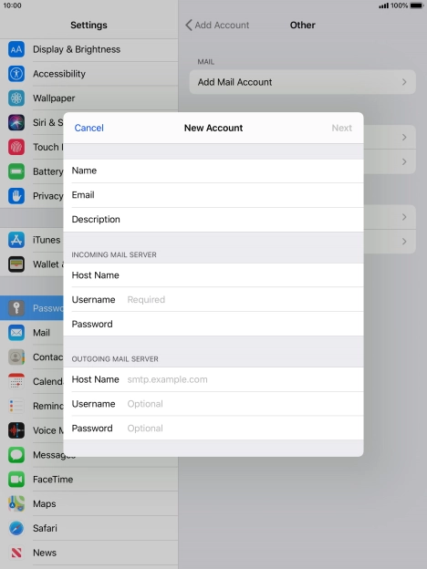 Press Username and key in the username for your email account.