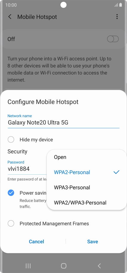 Press WPA2-Personal to password protect your Wi-Fi hotspot.