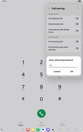 Key in your barring password and press OK. The default barring password is 0000.