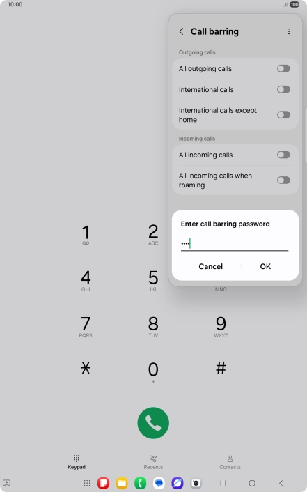 Key in your barring password and press OK. The default barring password is 0000.