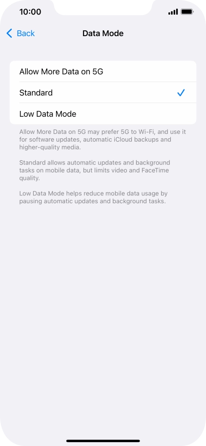 Press the required setting.