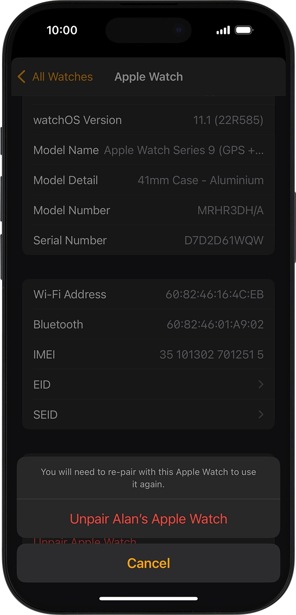 On your phone: Press Unpair Apple Watch and follow the instructions on the screen to unpair your Apple Watch and your phone. When prompted, key in the password for your Apple ID.