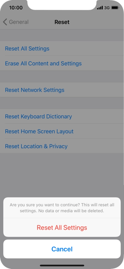 Press Reset All Settings. Wait a moment while the factory default settings are restored. Follow the instructions on the screen to set up your phone and prepare it for use.