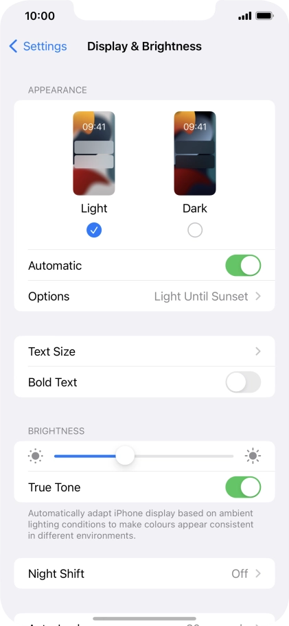 If you turn on the function, press Options and follow the instructions on the screen to select the required period of time for Dark Mode.