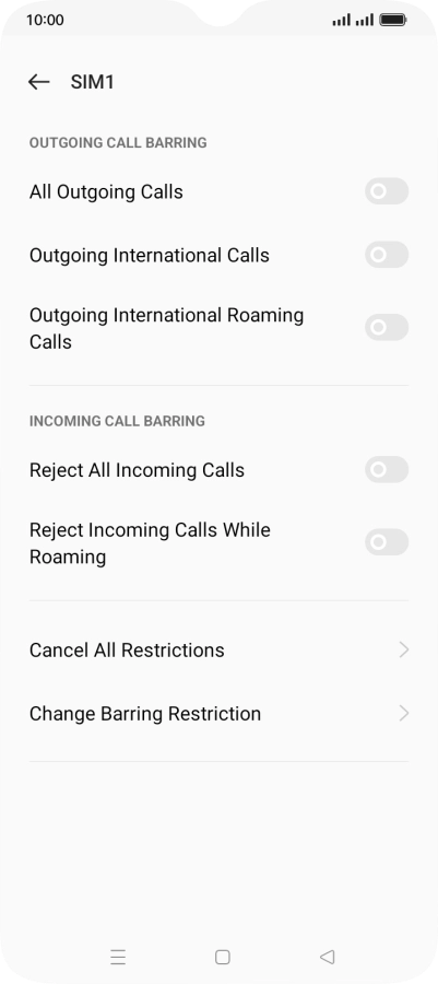 Press the indicator next to the required barring type to turn the function on or off.