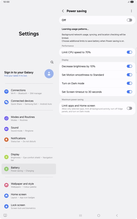 Press the indicators next to the required settings to turn the functions on or off.