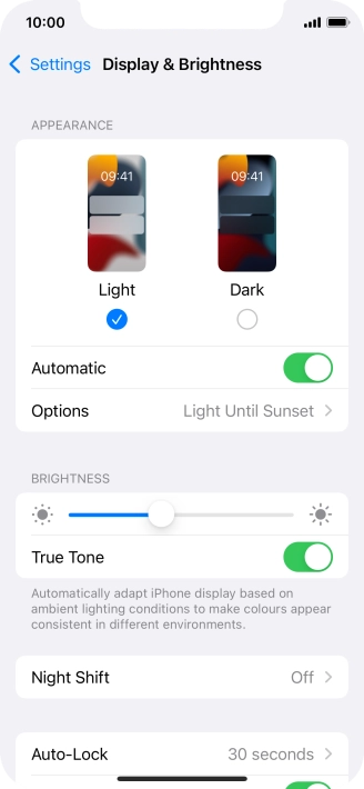 If you turn on the function, press Options and follow the instructions on the screen to select the required period of time for Dark Mode.