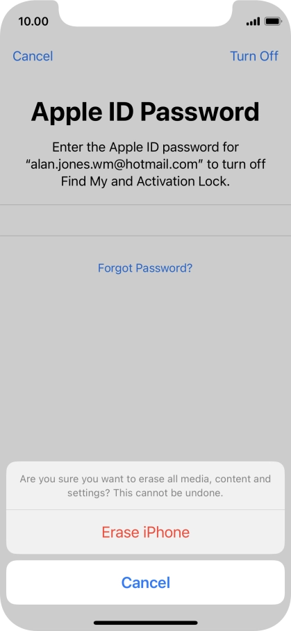 Key in the password for your Apple ID and press Erase iPhone. Wait a moment while the factory default settings are restored. Follow the instructions on the screen to set up your phone and prepare it for use.
