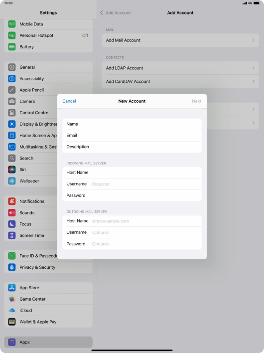 Press Username and key in the username for your email account.