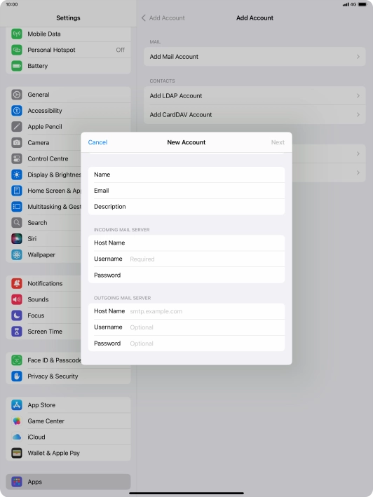 Press Username and key in the username for your email account.