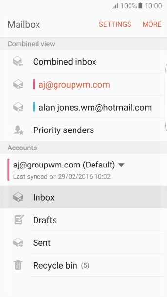 Press the required email account. Press the required email account.