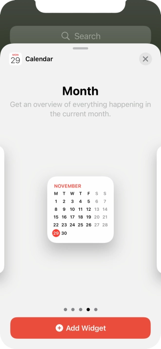 Slide your finger right or left on the screen to select the required widget size.