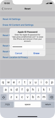 Key in the password for your Apple ID and press Erase. Wait a moment while the factory default settings are restored. Follow the instructions on the screen to set up your phone and prepare it for use.