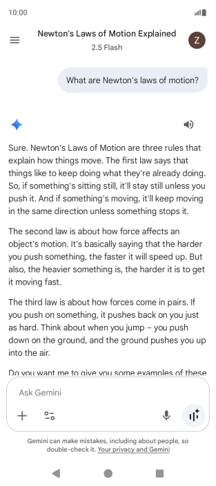 The transcription of the conversation with Gemini Live is now displayed.