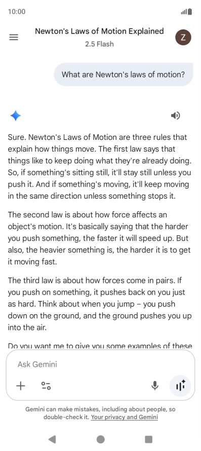 The transcription of the conversation with Gemini Live is now displayed.