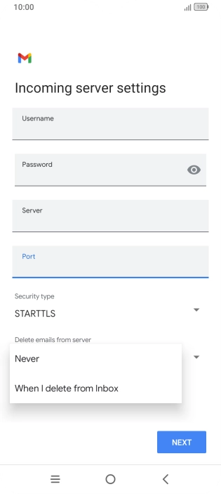 Press Never to keep email messages on the server when you delete them on your phone. Press Never to keep email messages on the server when you delete them on your phone.
