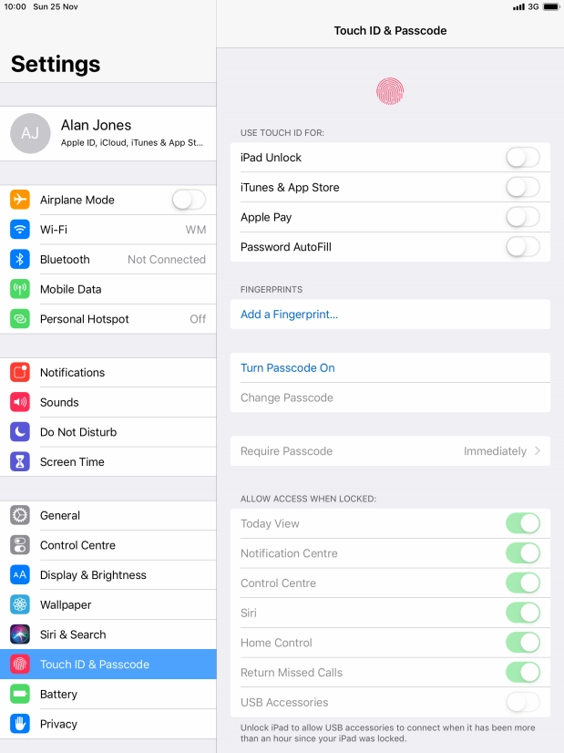 Press Turn Passcode On and key in a lock code of your own choice twice.