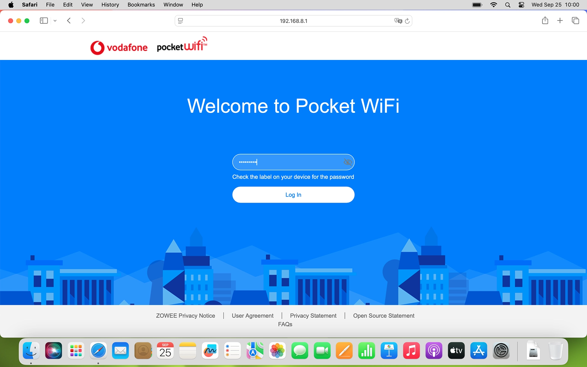Key in the default password for the router web interface and click Log In.