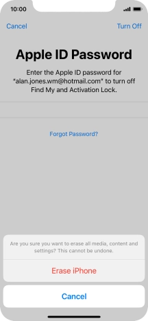 Key in the password for your Apple ID and press Erase iPhone. Wait a moment while the factory default settings are restored. Follow the instructions on the screen to set up your phone and prepare it for use.