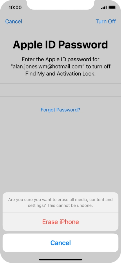 Key in the password for your Apple ID and press Erase iPhone. Wait a moment while the factory default settings are restored. Follow the instructions on the screen to set up your phone and prepare it for use.