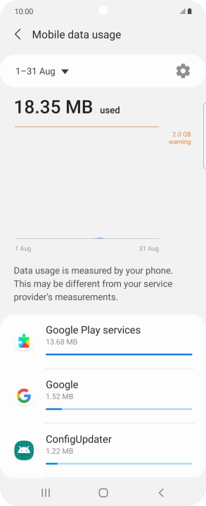 The data usage for each application is displayed below the name of the application.
