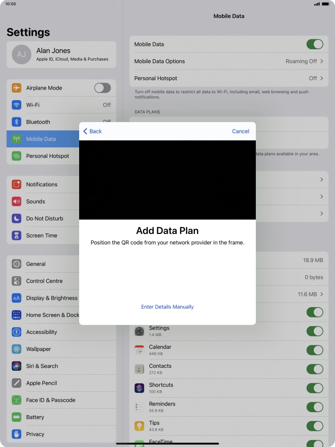 Place the QR code you've received inside the tablet camera frame to scan the code.