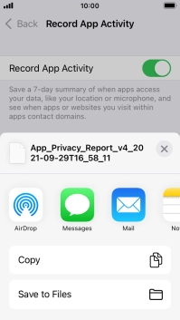 Press the required setting and follow the instructions on the screen to share or save the app activity report.