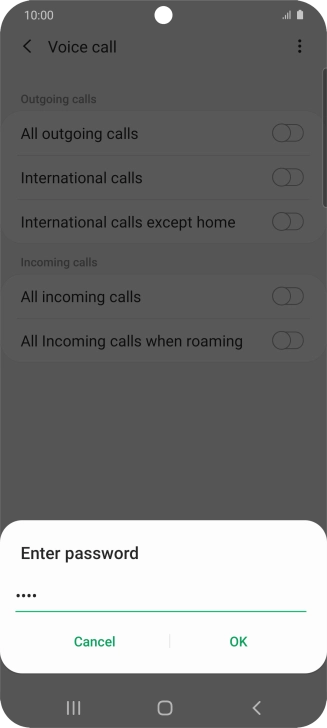 Key in your barring password and press OK. The default barring password is 0000.