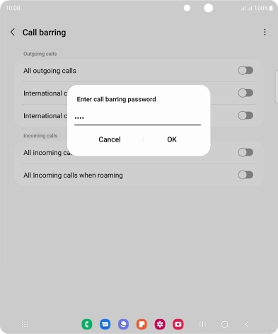 Key in your barring password and press OK. The default barring password is 0000.