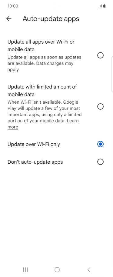 To turn on automatic update of apps using mobile network, press Update all apps over Wi-Fi or mobile data. To turn on automatic update of apps using mobile network, press Update all apps over Wi-Fi or mobile data.