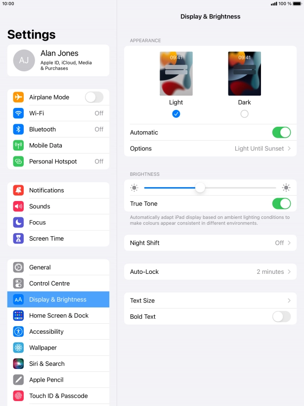 If you turn on the function, press Options and follow the instructions on the screen to select the required period of time for Dark Mode.