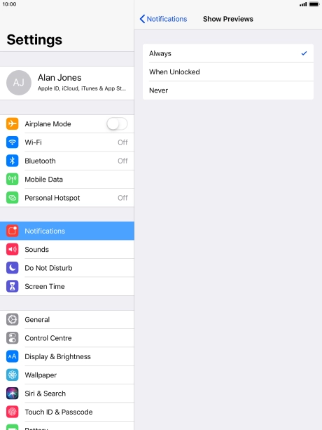 To select notification preview on the lock screen, press Always.