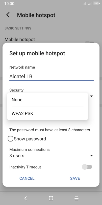 Press WPA2 PSK to password protect your Wi-Fi hotspot.