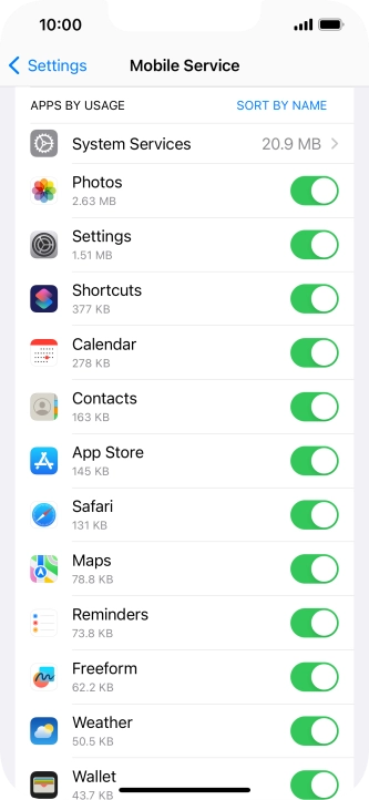 The data usage for each application is displayed below the name of the application.