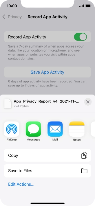 Press the required setting and follow the instructions on the screen to share or save the app activity report.