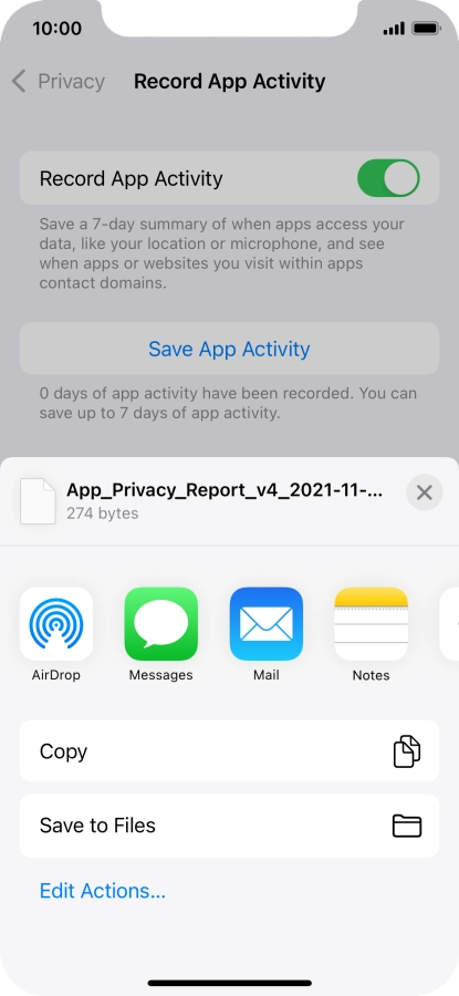 Press the required setting and follow the instructions on the screen to share or save the app activity report.