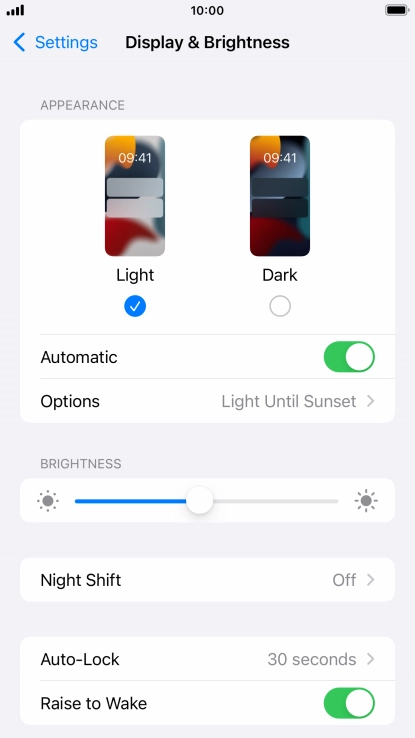 If you turn on the function, press Options and follow the instructions on the screen to select the required period of time for Dark Mode.