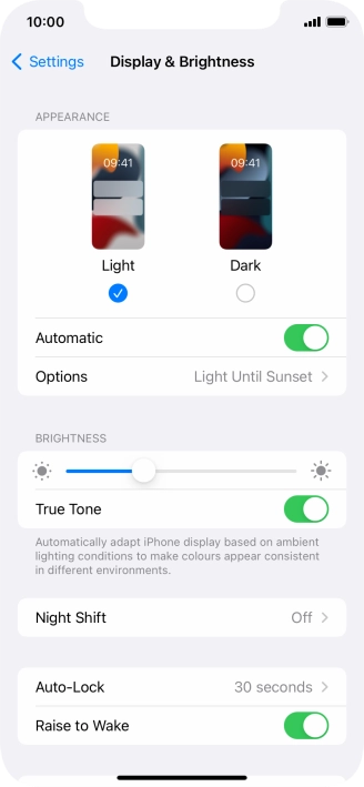 If you turn on the function, press Options and follow the instructions on the screen to select the required period of time for Dark Mode.