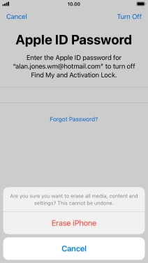 Key in the password for your Apple ID and press Erase iPhone. Wait a moment while the factory default settings are restored. Follow the instructions on the screen to set up your phone and prepare it for use.