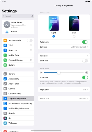 If you turn on the function, press Options and follow the instructions on the screen to select the required period of time for Dark Mode.