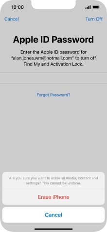 Key in the password for your Apple ID and press Erase iPhone. Wait a moment while the factory default settings are restored. Follow the instructions on the screen to set up your phone and prepare it for use.